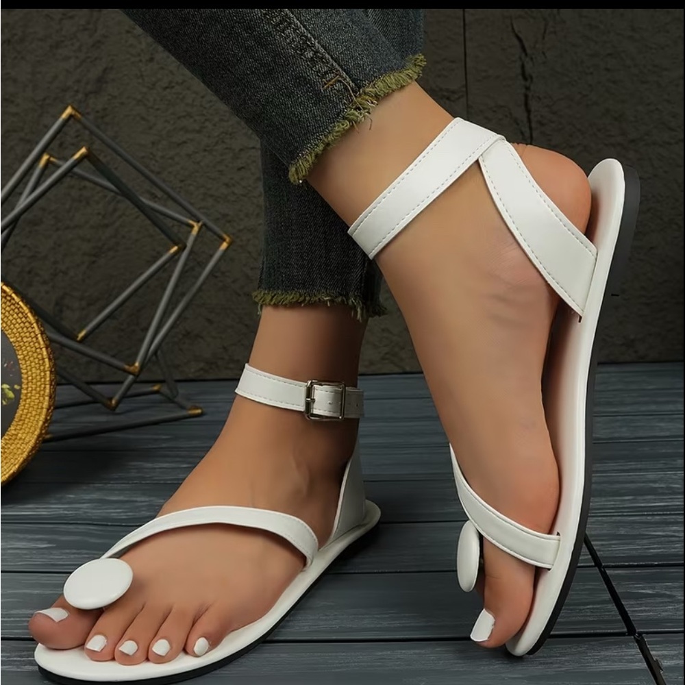 Source Unknown White Toe-Loop Ankle-Strap Sandals - image 1